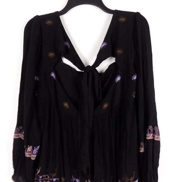 Free People Boho Black Mini Tunic Dress Size XS Rhiannon Embroidery Long Sleeve - Picture 3 of 5